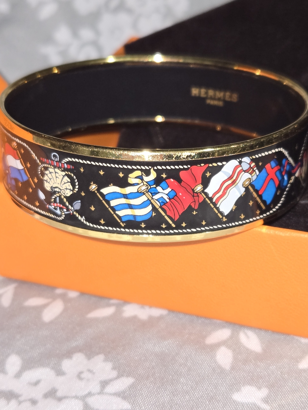 Hermes Vintage Black Enamel & Gold Flag Motif Bangle